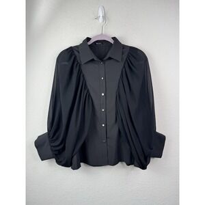 WHY Dress Avant-Garde Statement Chiffon Blouse Womens M Black Sheer Batwing
